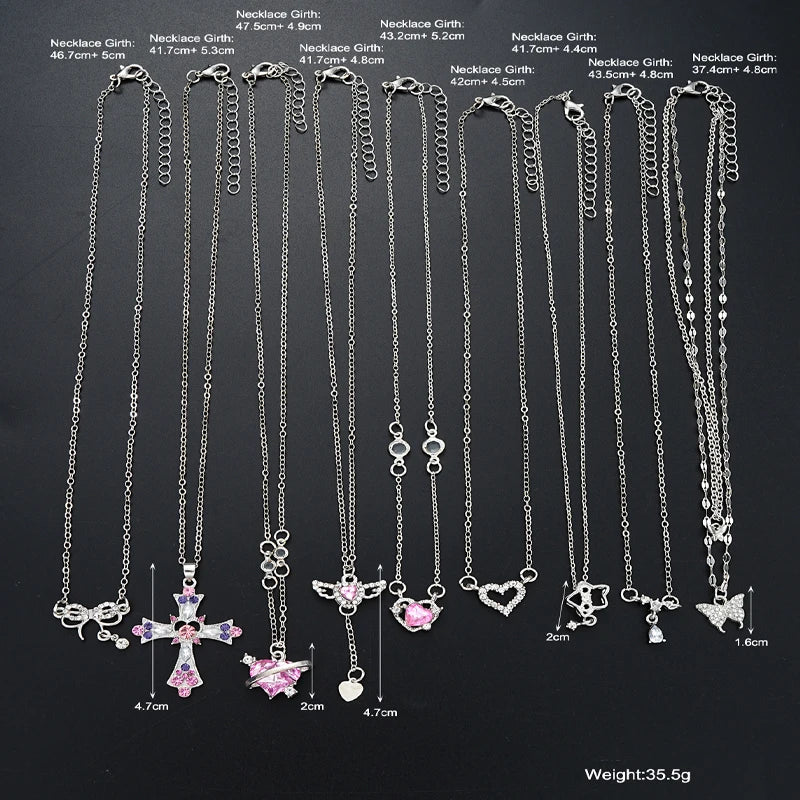 9 Pcs Women's Elegant Zircon Pendants Necklace Set Fashion Pink Color