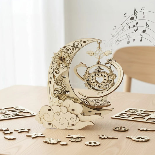 3D Wooden Puzzle Moon Star Model Music Box Building Kits Rotating
