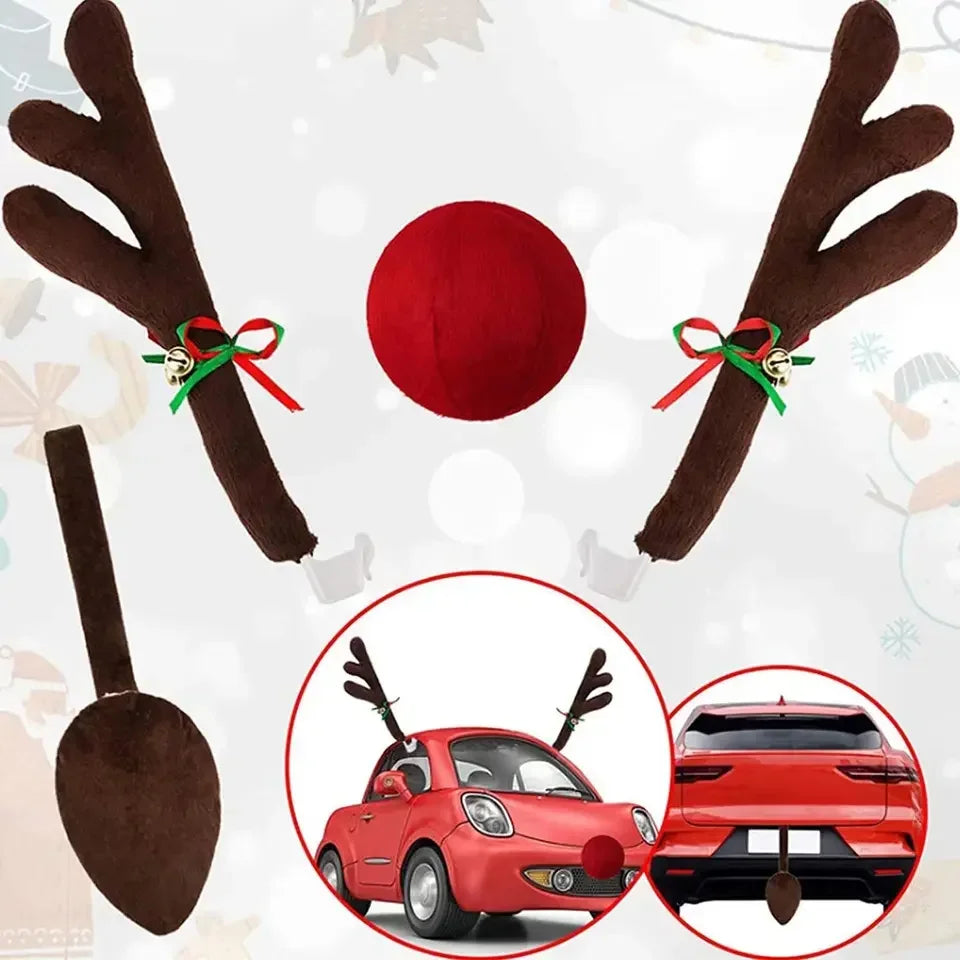 Christmas Car Decoration Deer Horn Antlers Car Kit with Red Nose and