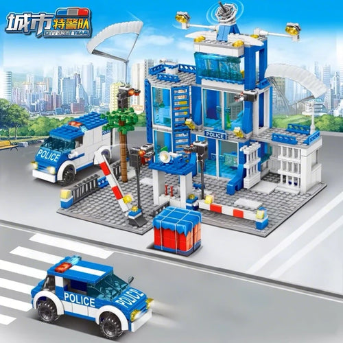 City police station building block group boy DIY car brick police