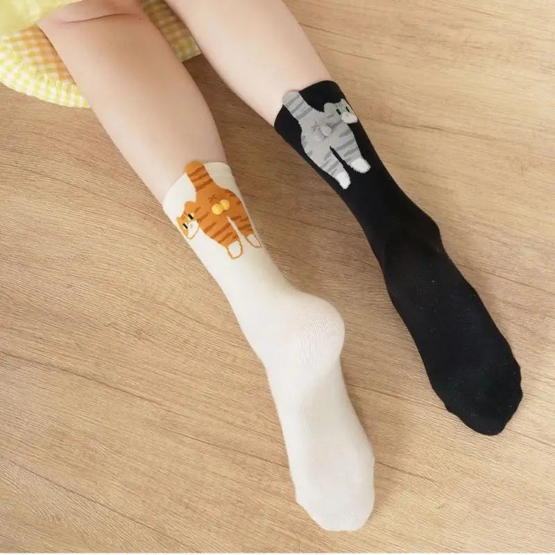 1pair Women's Korean - Inspired Mid - Tube Socks, Adorable Cat Print