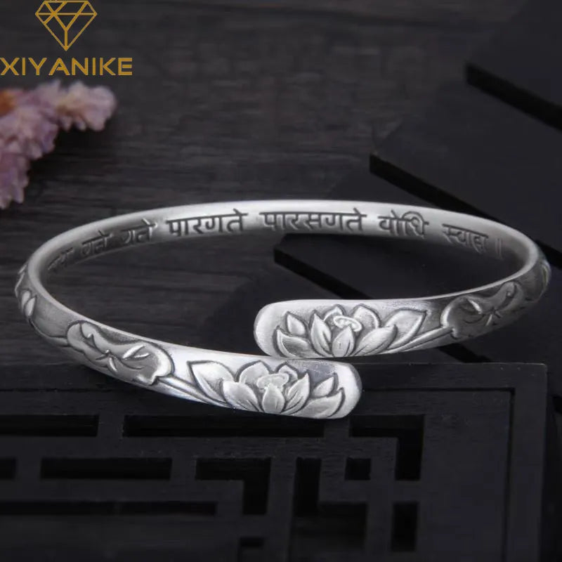 XIYANIKE Vintage Thai Silver Lotus Flower Cuff Bracelet For Women Girl