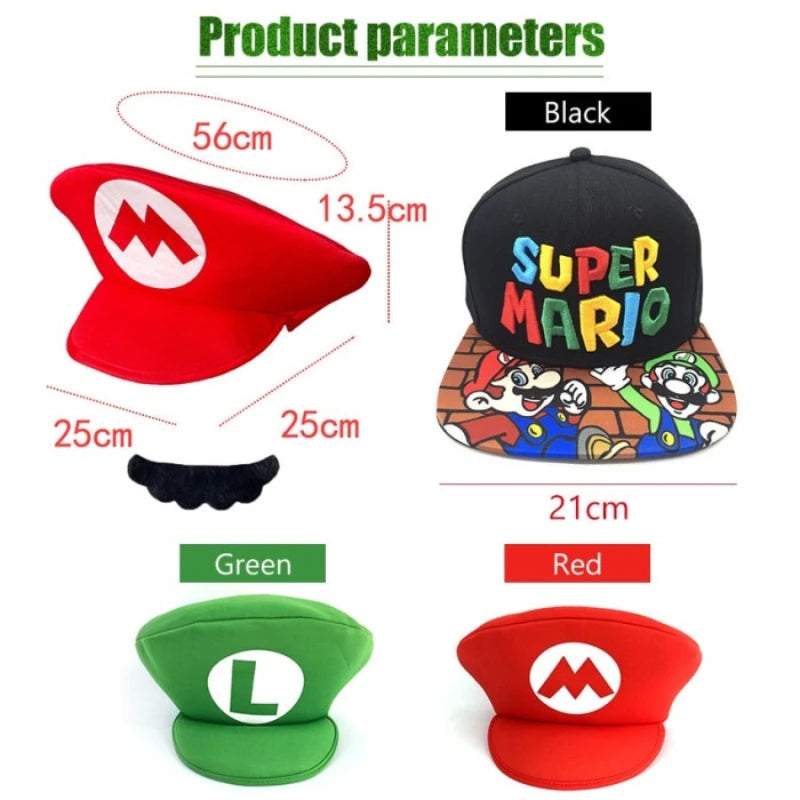 Super Mario Red Green Cap Cosplay Cartoon Hats with Moustache Unisex