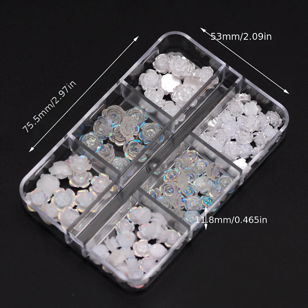 3D White Aurora Camellia Nail Art Charms Rhinestones 90PCS Jewelry