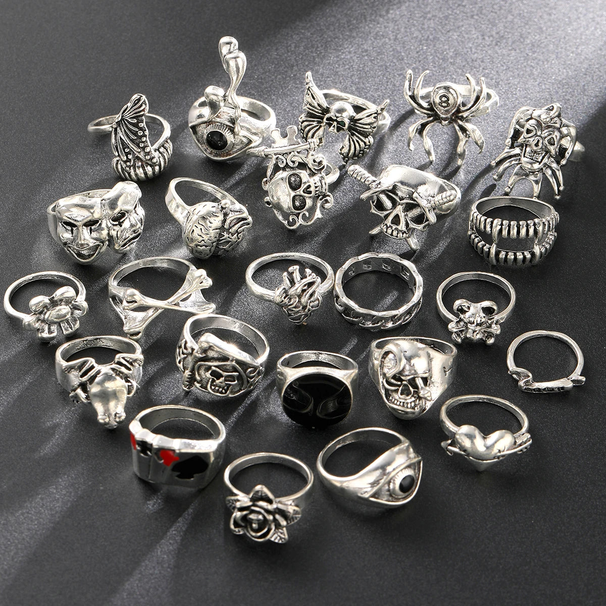 24 Pcs Gothic Skeleton Unisex Ring Set Punk Grunge Butterfly Frog