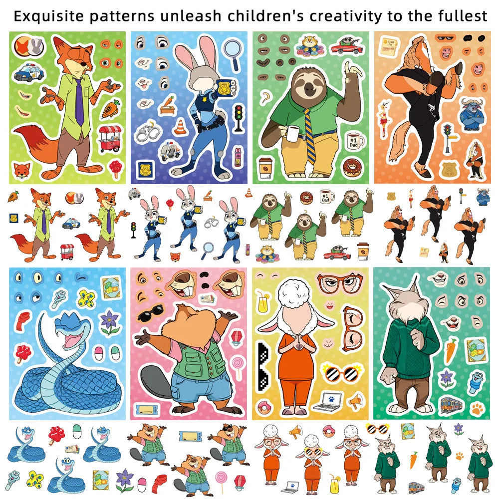 8/16Sheets Make a Face Zootopia 2 Puzzle Cartoon Stickers DIY Ryder