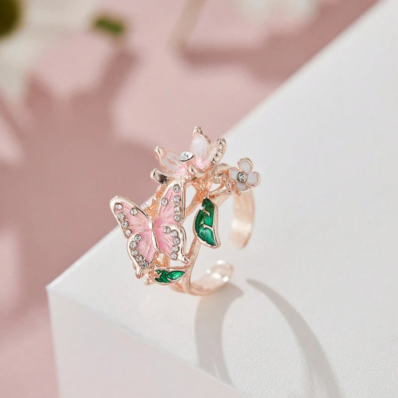 Aesthetic Flower Butterfly Rings for Female Romantic Rhinestone