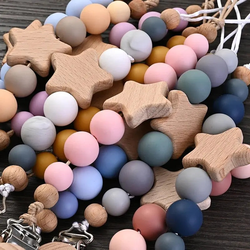 New Baby Pacifier Chain Clips Wood Pentagram Teether Silicone Round