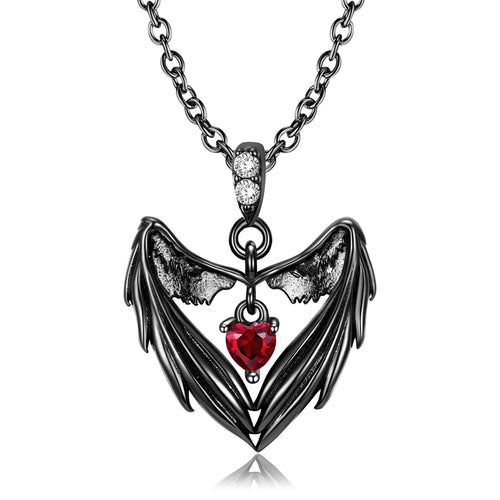 Gothic Punk Bat Wings and Heart Shaped Resin Pendant Necklace - Dark