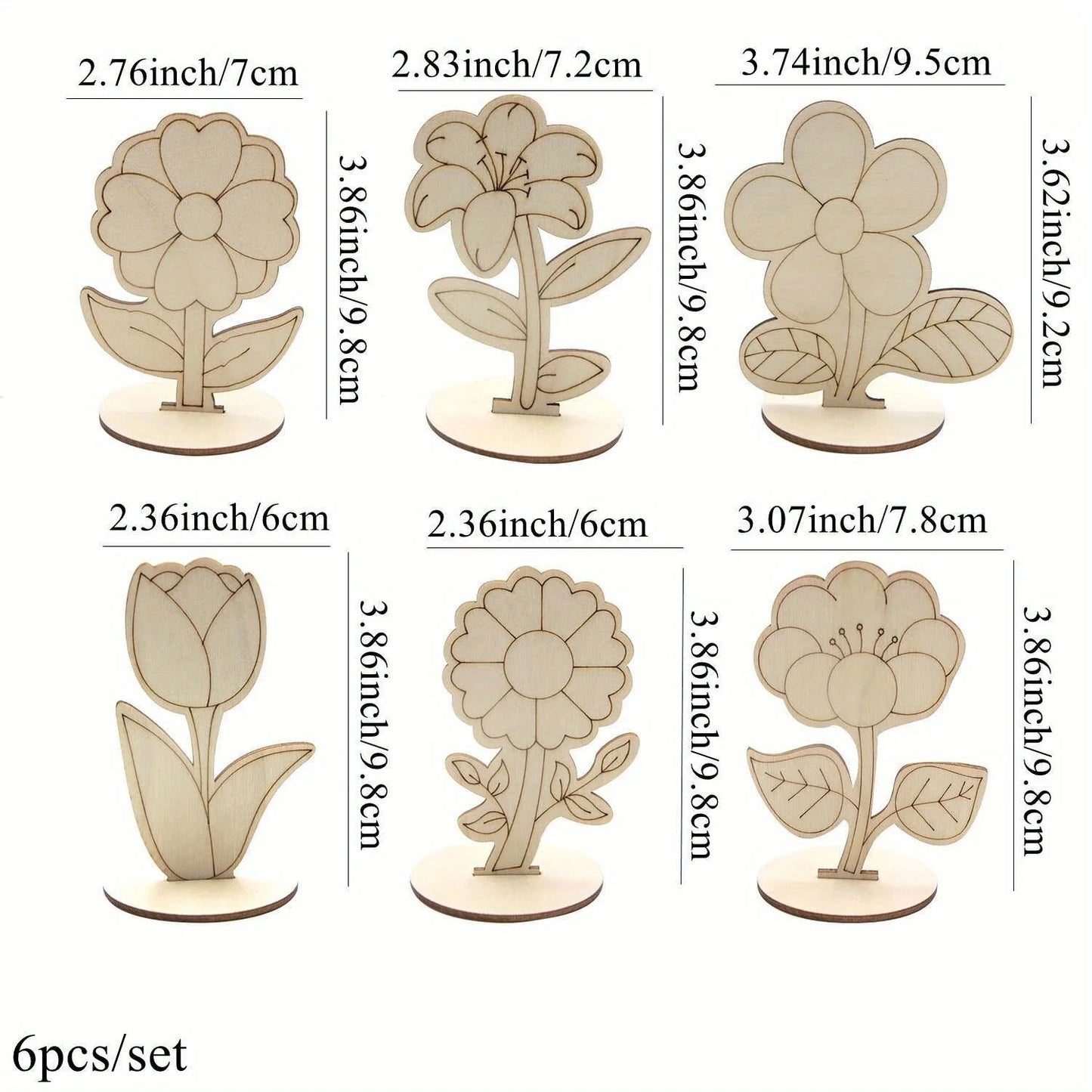 6Pcs/Set Rose/Lily/Sunflower Wooden Ornament Wood DIY Painting Crafts