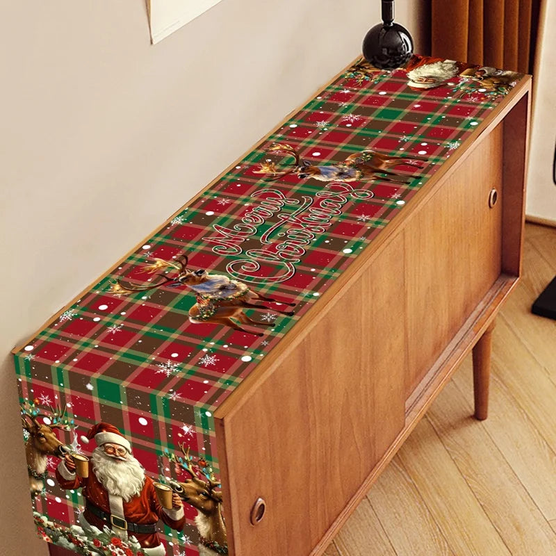 Vintage Christmas Table Runner Retro Santa Claus Table Cover Christmas