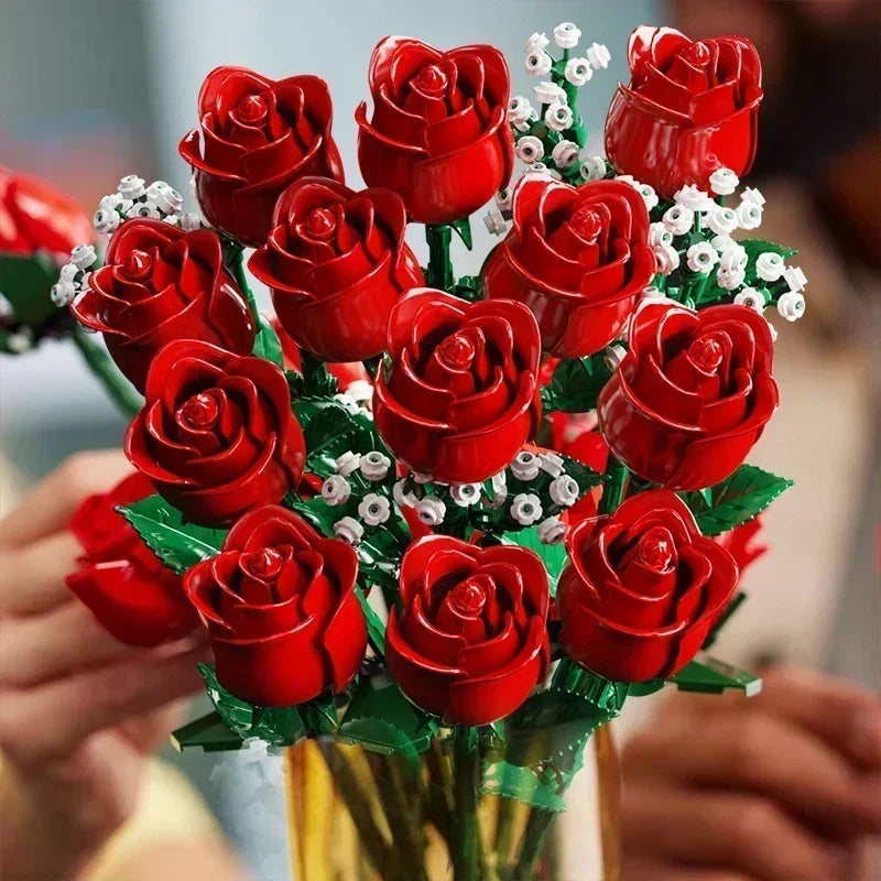 Romantic Rose Flower Bouquet Building Blocks Creative Home Desk Plant