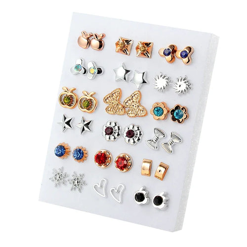 18pairs/set Gold Sliver Enamel Pearl Flower Heart Stud Earring Set For