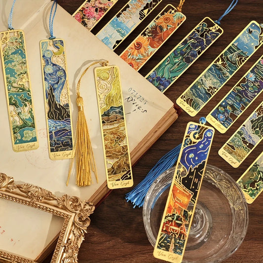 Vintage Oil Painting Metal Bookmarks - Hollow Hot Stamping Long Tassel