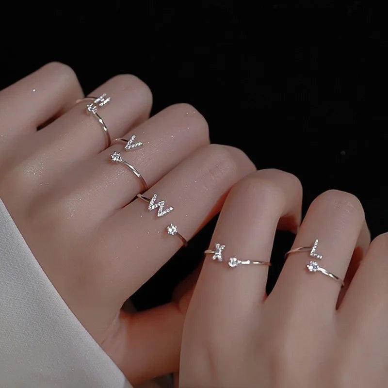 LATS Zircon Initial A-Z Letter Rings for Women Girl Adjustable Opening