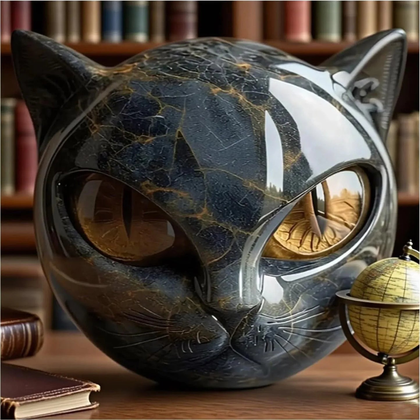Decorative Black Cat Stone Figurine Resin Cat Head Healing Stone