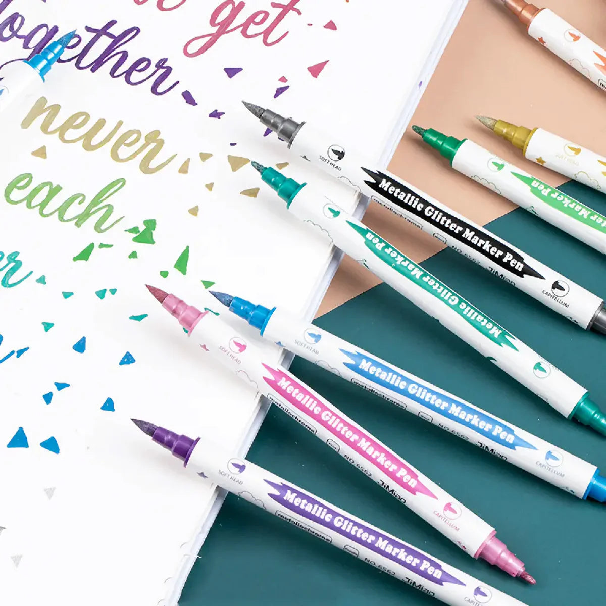 10pcs Metallic Glitter Dual Tip Marker Pens, with Brush And Fine nibs,