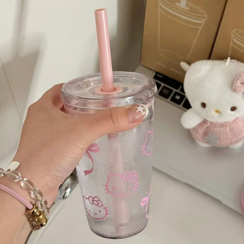 Sanrio Hello Kitty Pink Straw Cup Large-Capacity Transparent Plastic