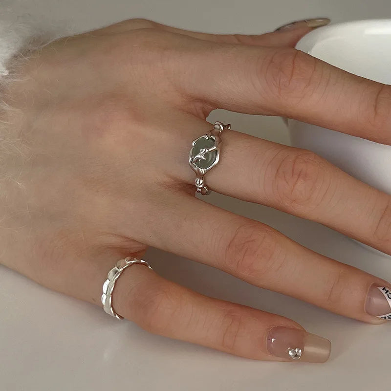925 Sterling Silver plated Liquid Lava Hetian Jade Bamboo Ring for