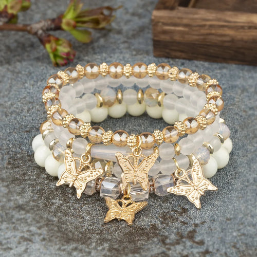 4Pcs Trendy Butterfly Beaded Bracelet Set For Women Pink Acrylic Beads