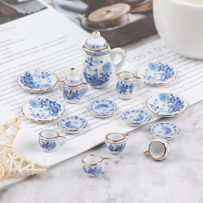 15Pcs 1:12 Dollhouse Miniature Tableware Porcelain Ceramic Tea Cup Set