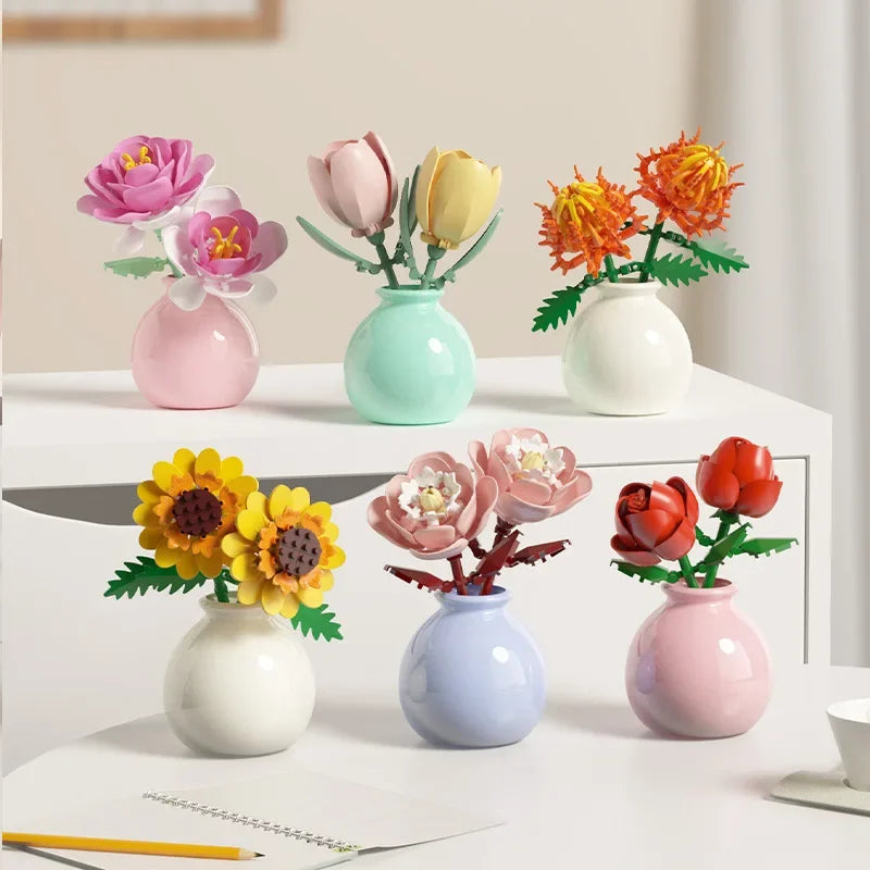 Building block pot plant bouquet of flowers, roses, lily building