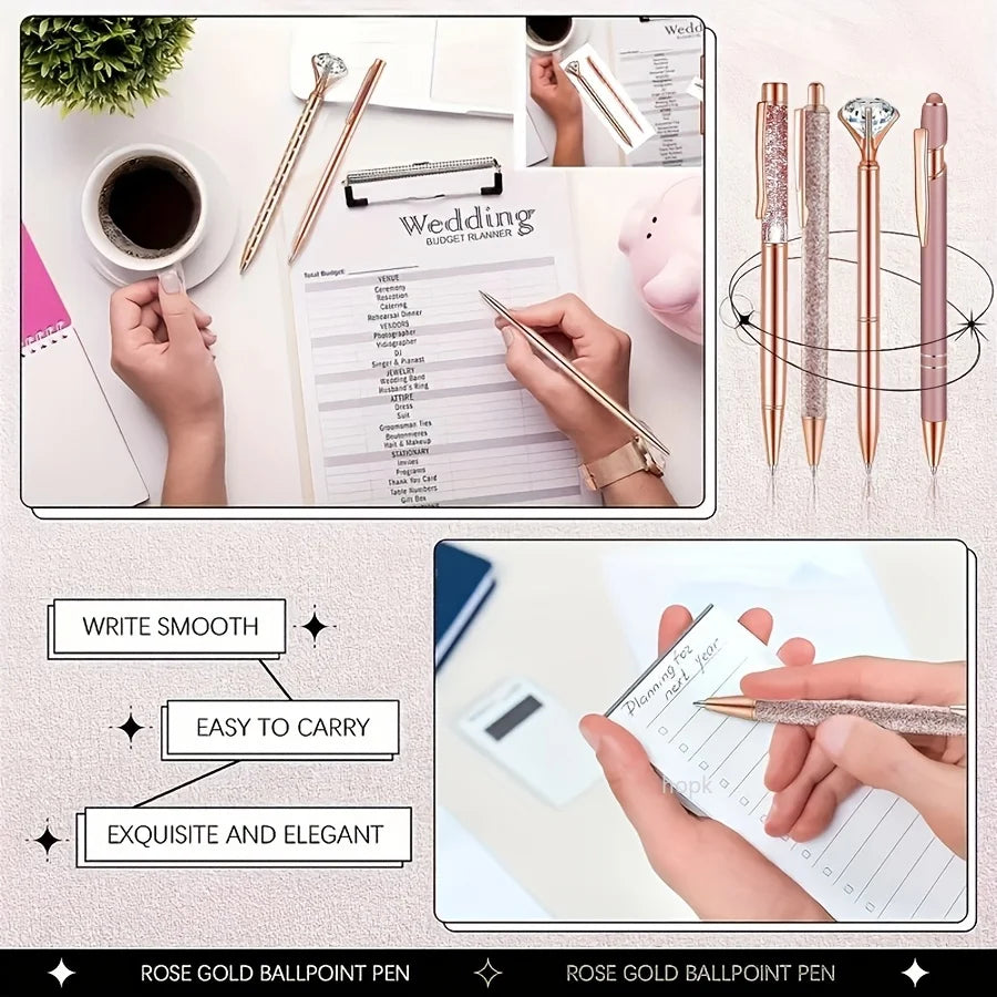 8pcs Rose Golden Ballpoint Pen Set - Stylish Metal Pens with Crystal