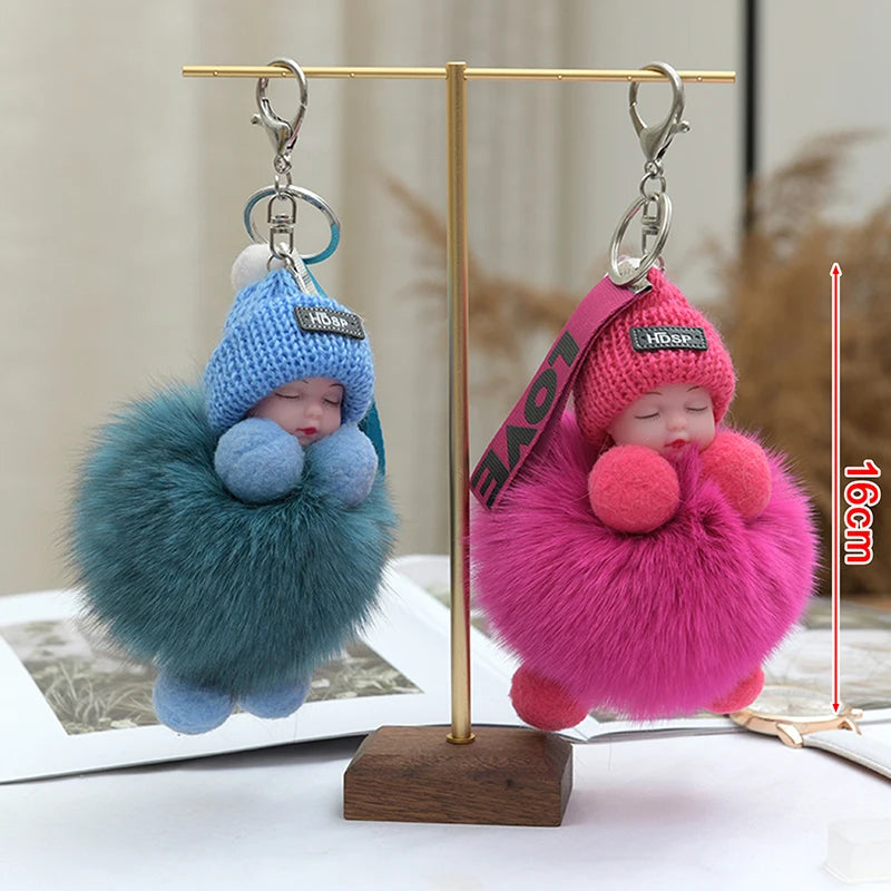 Pompom Sleeping Baby Keychain Cute Fluffy Plush Doll Keyholder Women