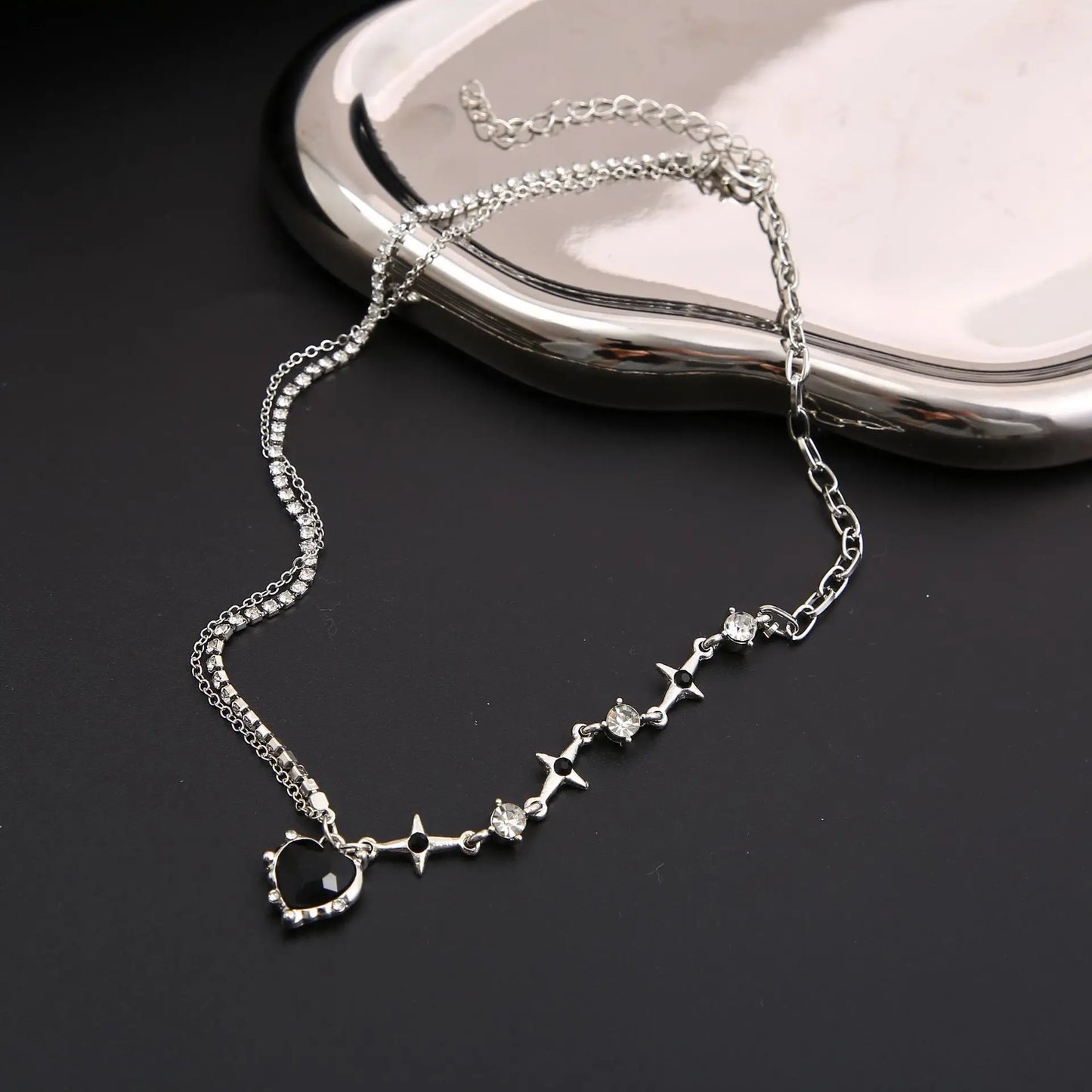 Y2K Purple Crystal Heart Pendant Necklace Women Sweet Cool Girl Punk