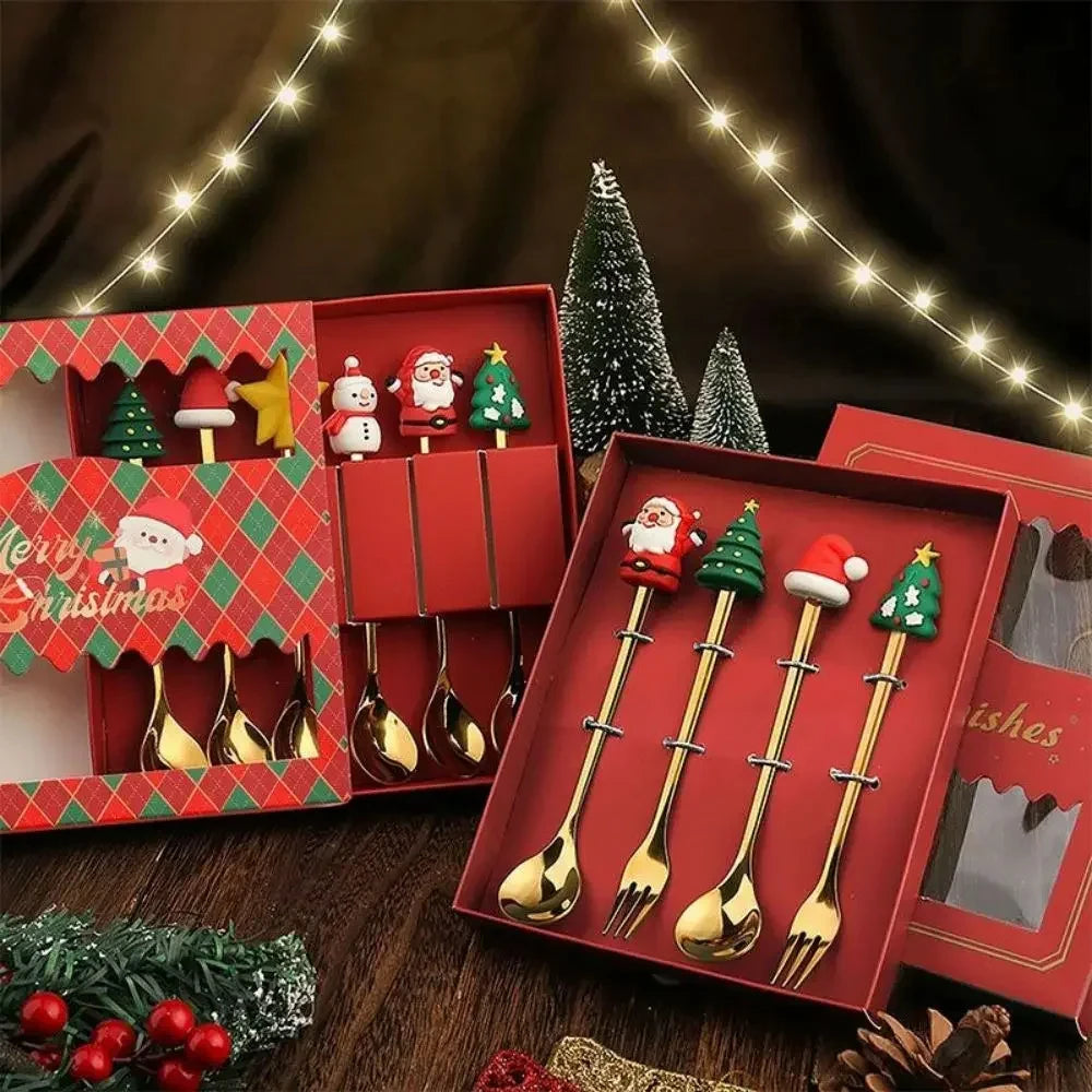 (2/4/6pc) Christmas Spoon and Fork Set Stainless Steel Creative