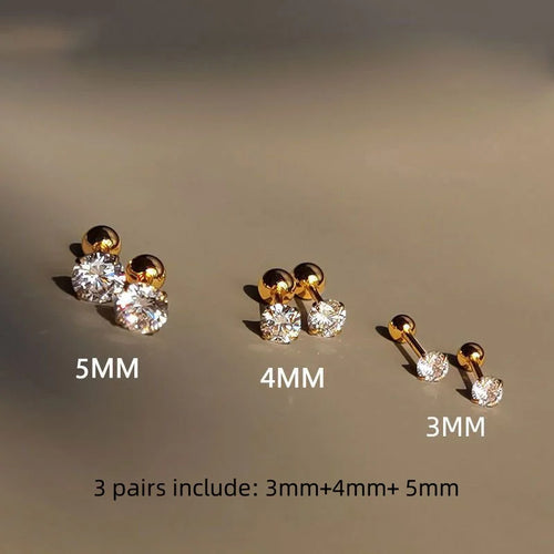 3Pairs Classic Round Cubic Zirconia Stud Earrings For Women Stainless