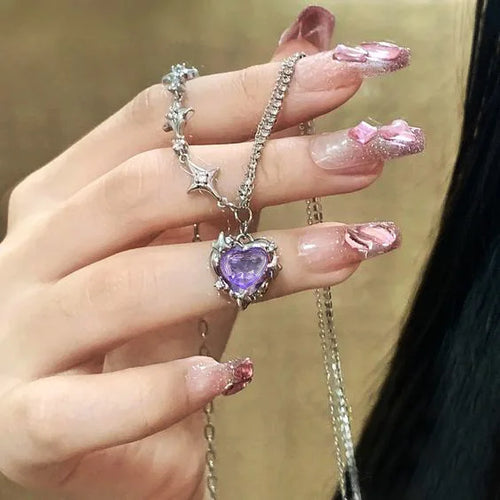 Y2K Purple Crystal Heart Pendant Necklace Women Sweet Cool Girl Punk