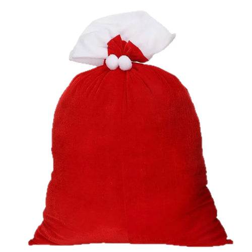 Large Red Velvet Christmas Bag with White Pompom , Fluffy Gift Storage