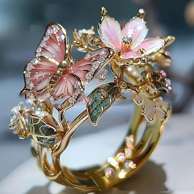 Aesthetic Flower Butterfly Rings for Female Romantic Rhinestone