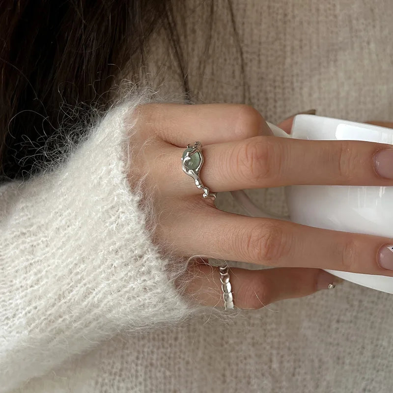 925 Sterling Silver plated Liquid Lava Hetian Jade Bamboo Ring for