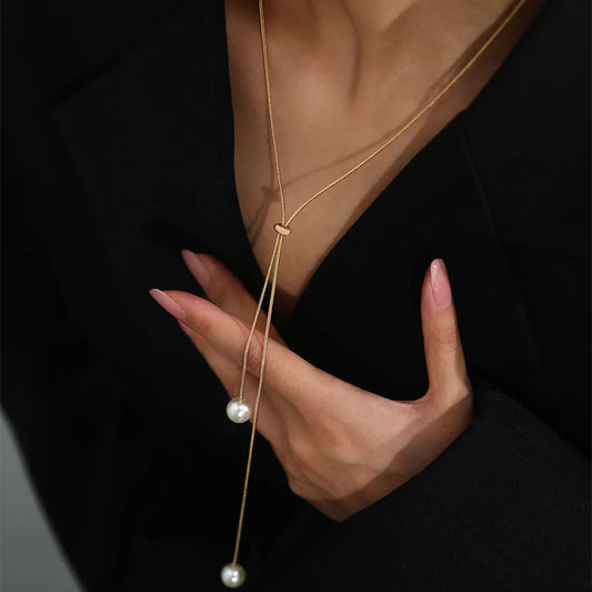 Simple Faux Pearl Pendant Adjustable Long Sweater Chain Necklace