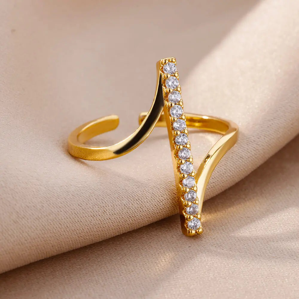Zircon Geometric Rings For Women Gold Color Stainless Steel Opening