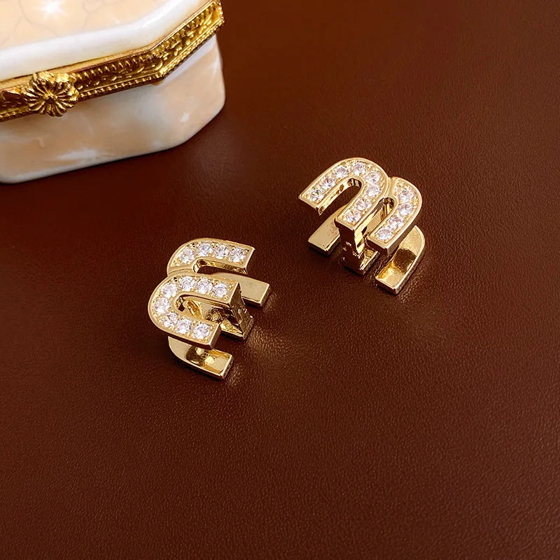 Letter M-shape Zircon Hoop Earrings for Women Oil Dripping