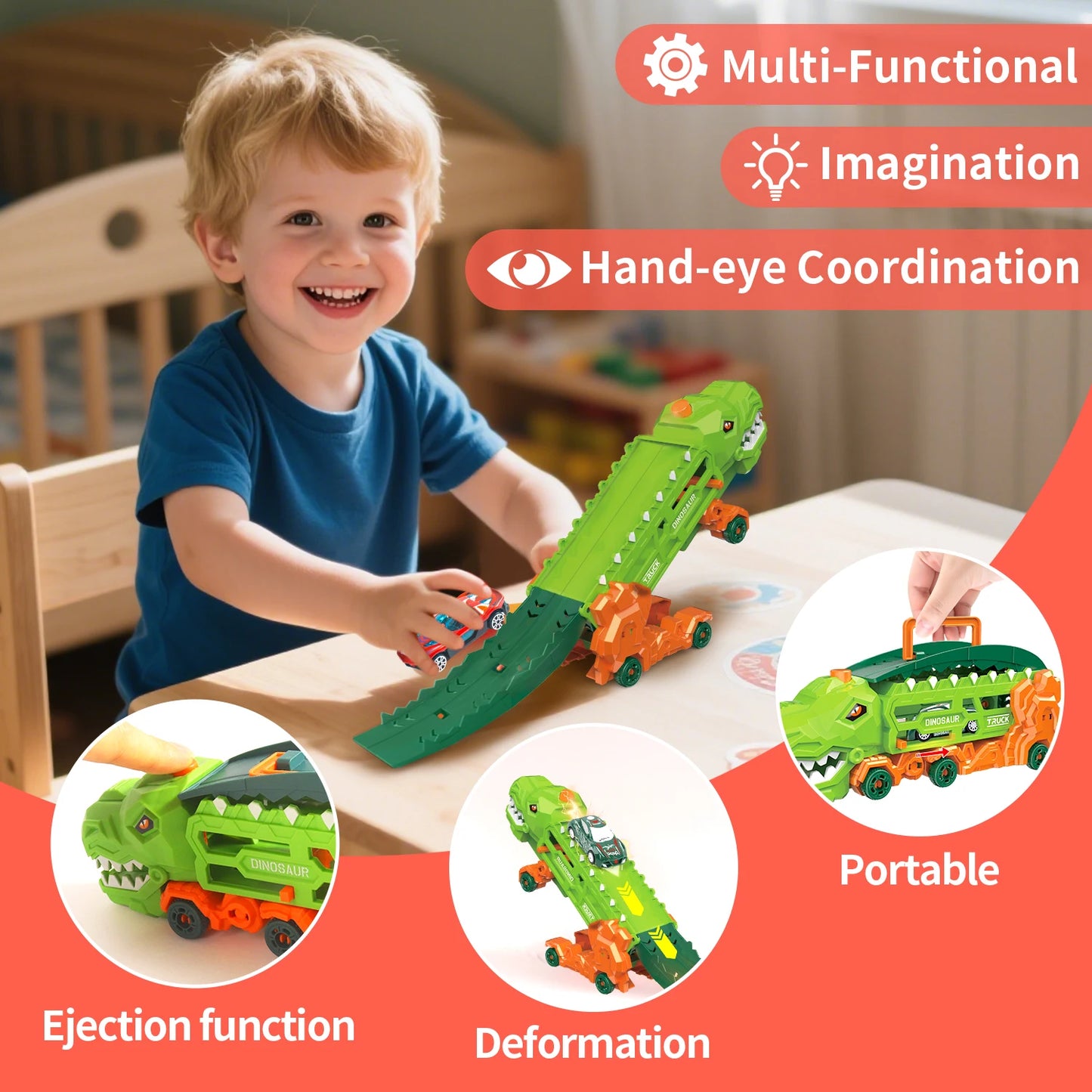 Transport Dinosaur Truck with Foldable Sliding Race Track, Transforms