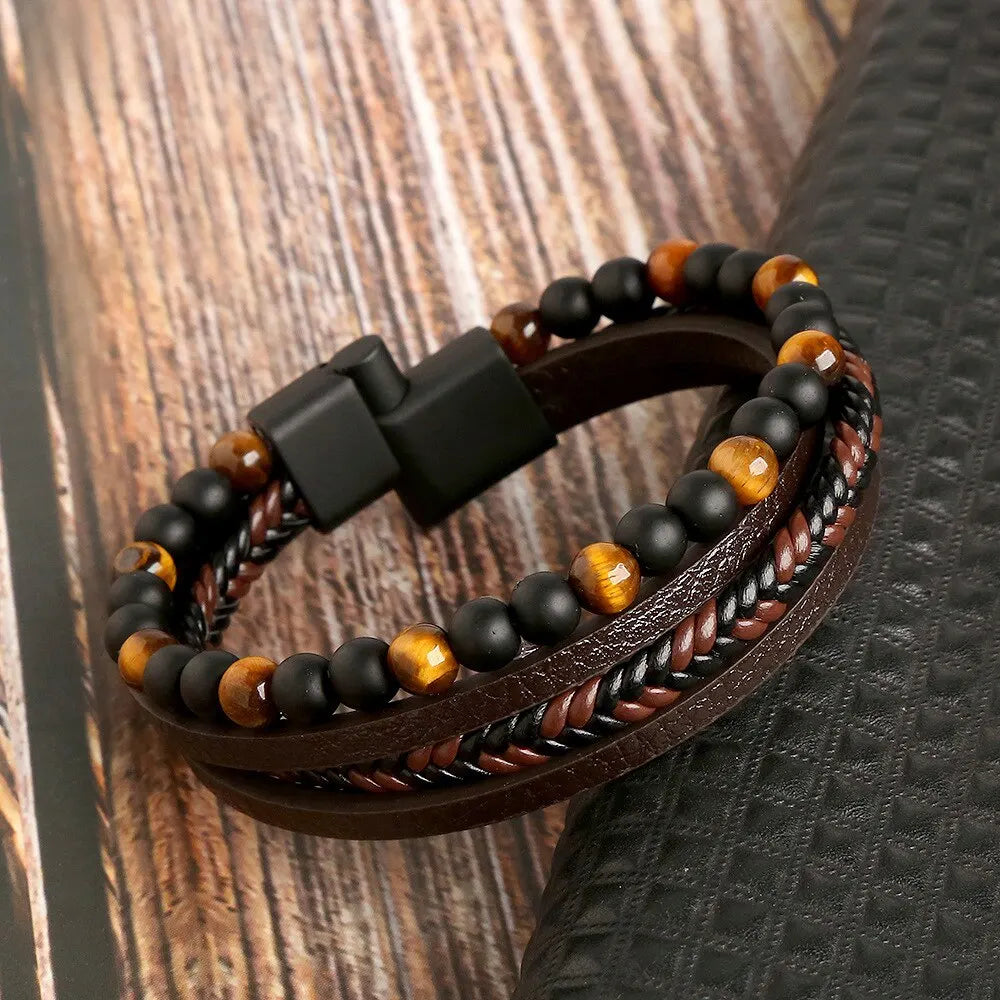 Men Leather Bracelet Classic Fashion Tiger Eye Beaded Multi Layer