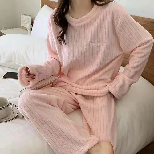 Soft Coral Velvet Jacquard Warm Pajama Set for Women Cozy Loungewear