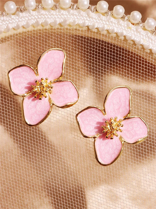 Hibiscus Dropped Glaze Flower Stud Earrings for Women Girl French Ins