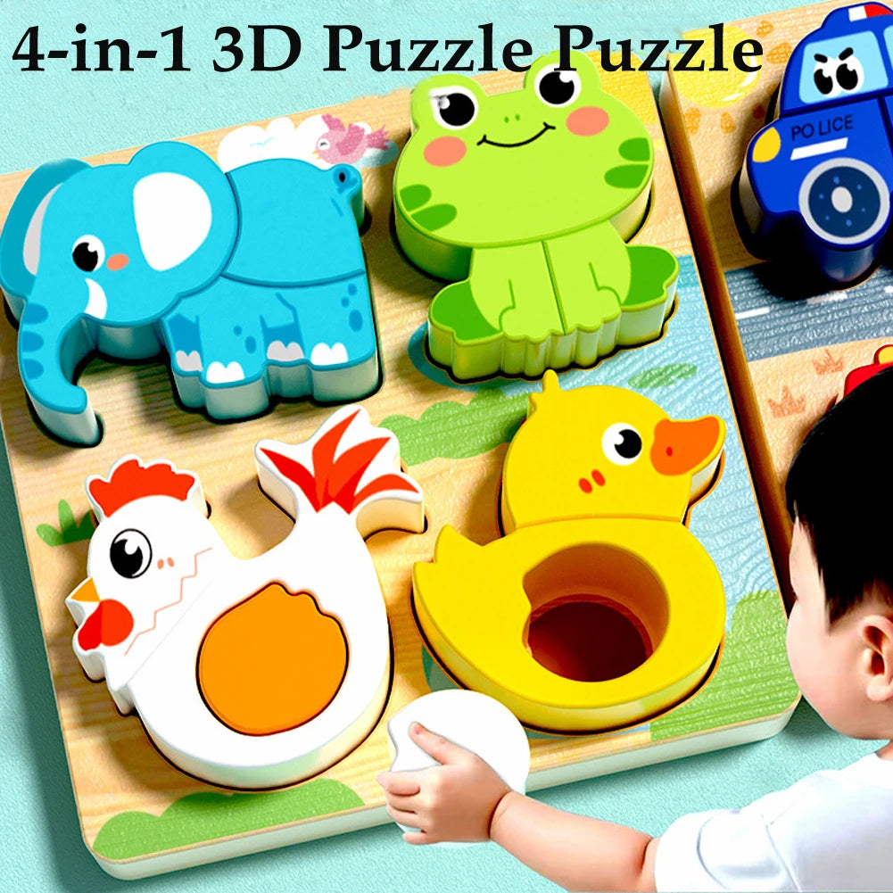 4-in-1 Wooden Toys 3D Wood Puzzle Cartoon Animals Cognitive Jigsaw