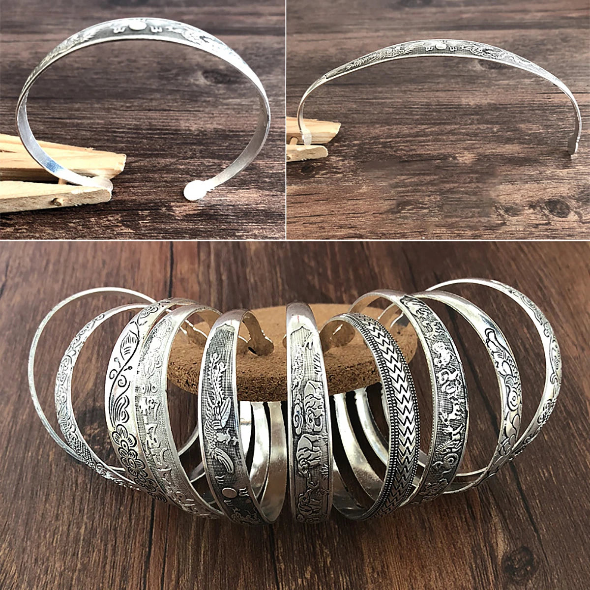 New Retro Cuff Bracelets Tibetan Silver Metal Carving Fish Elephant