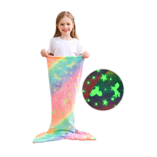 Cartoon Rainbow Unicorn Mermaid Tail Blanket Super Soft Glow in The