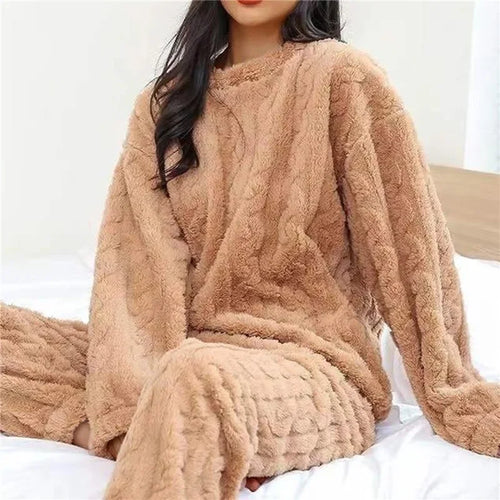 Soft Coral Velvet Jacquard Warm Pajama Set for Women Cozy Loungewear