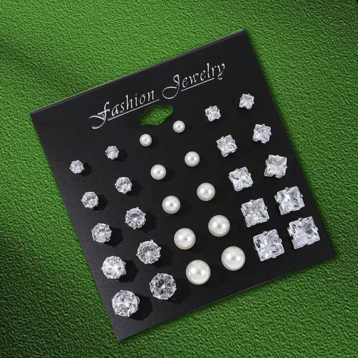 12 Pairs Set Stainless Steel Stud Earrings with Gemstone Buds Round