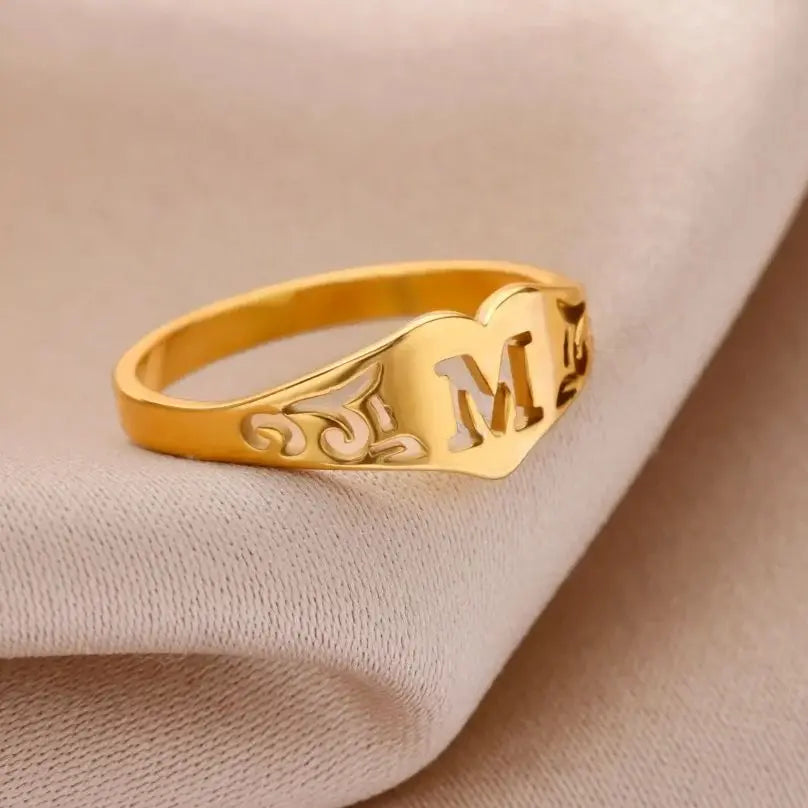 Fashion Hollow Initial Letter Heart Rings For Women Gold Color