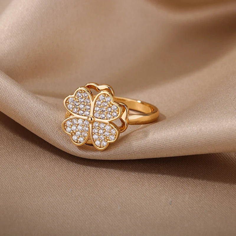 Spinner Zircon Heart Four Leaf Clover Rings For Women Stainless Steel