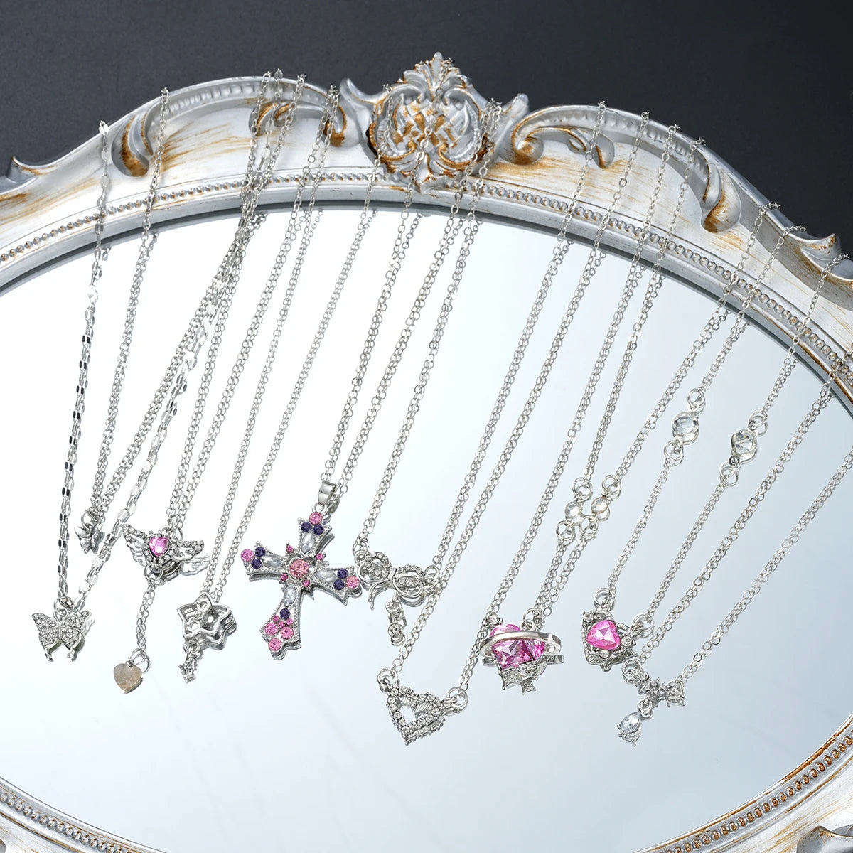 9 Pcs Women's Elegant Zircon Pendants Necklace Set Fashion Pink Color